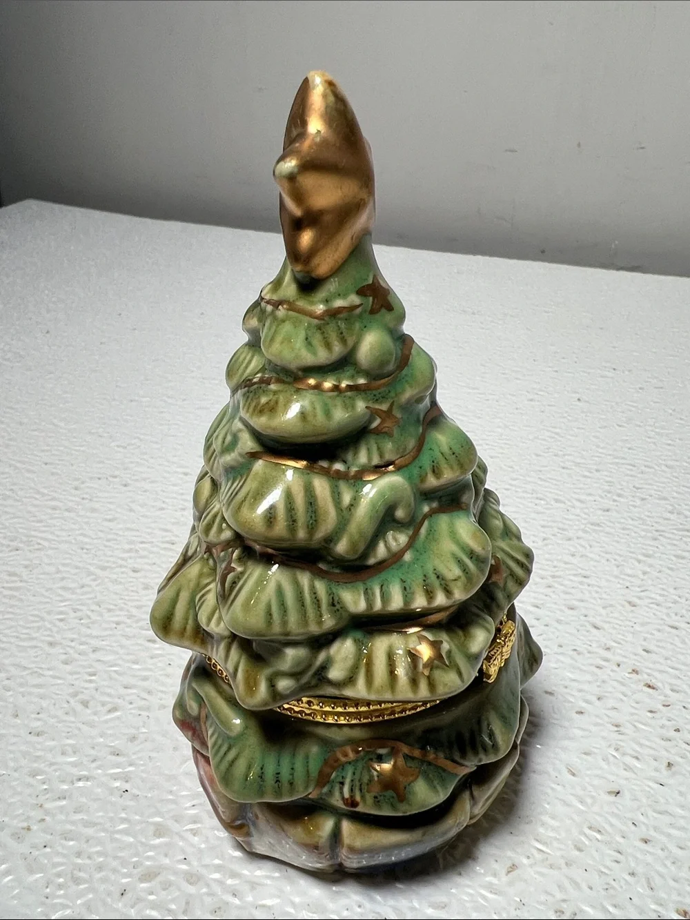 Vintage Green Ceramic Holiday Tree Jewelry Box with Gold Star on Top